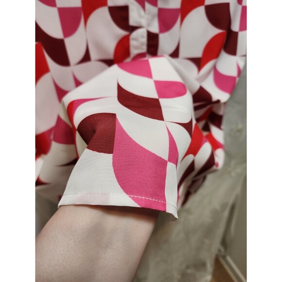 BLOOMCHIC WOMENS 26 4X WHITE PINK BLOUSE GEOMETRIC RETRO V-NECK STYLISH ABSTRACT - Picture 4 of 13